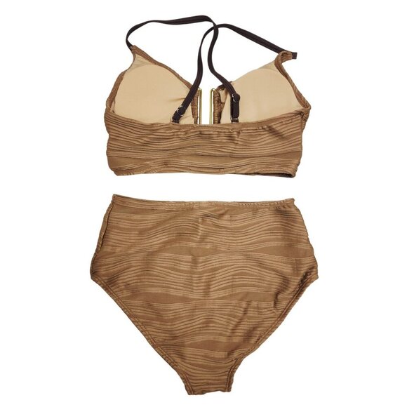 Brown High-Waisted Textured Bikini Set Strappy Back Size S - Picture 3 of 5